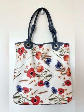 Claudia Firenze Floral Print Leather Tote Shoulder Bag Made In Italy White Blue